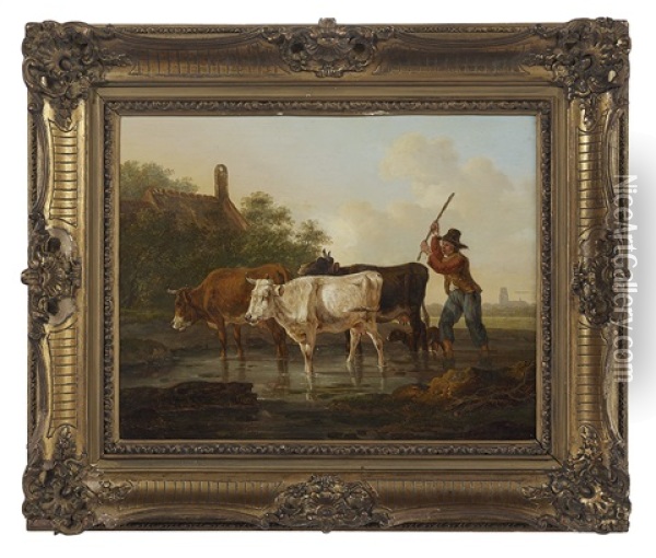 Herding Cattle Across The Water Oil Painting - Jacob Van Stry
