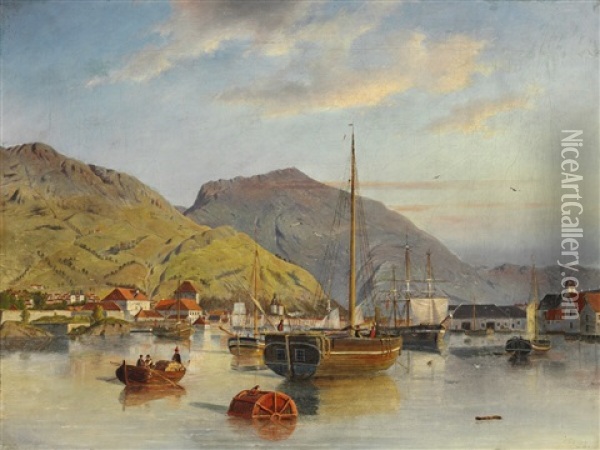 Harbour View Of Bergen In Norway Oil Painting - Johannes Bartholomaeus Duntze