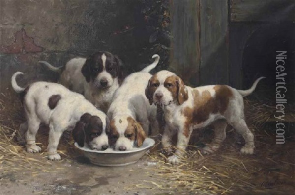 Saint Bernard Puppies Drinking Milk Oil Painting - Otto Eerelman