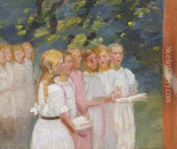 Smapiger I Hvide Kjoler Synger Morgensang Medens Dannebrog Gar Til Tops Oil Painting - Anna Kirstine Ancher