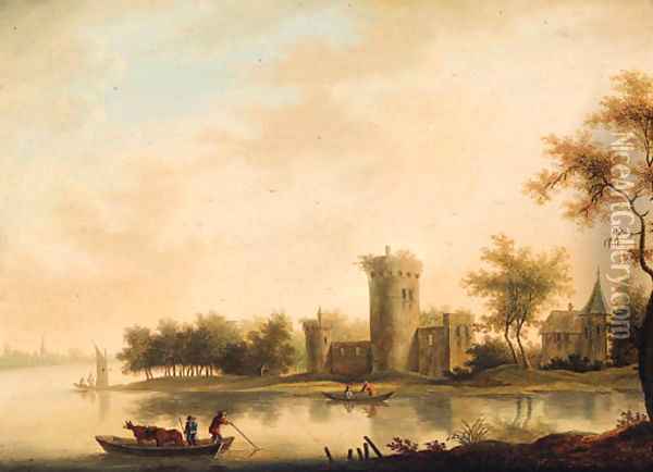 A river landscape with a ferry before a tower and a church Oil Painting - Johann Christian Vollerdt or Vollaert