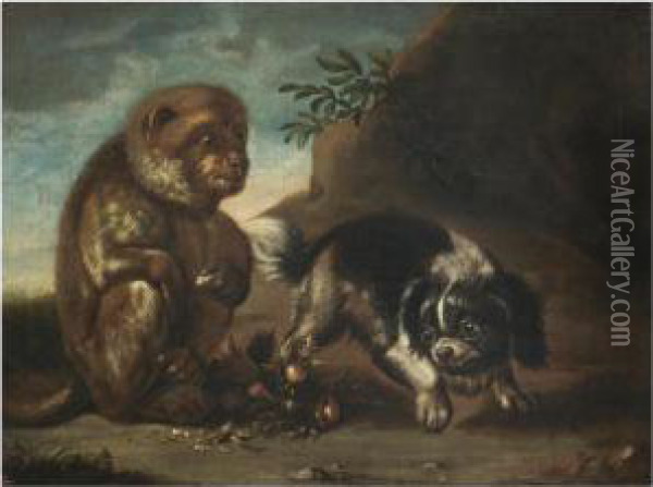 A Monkey Eating Hazelnuts With A Dog Prancing Oil Painting - David de Coninck