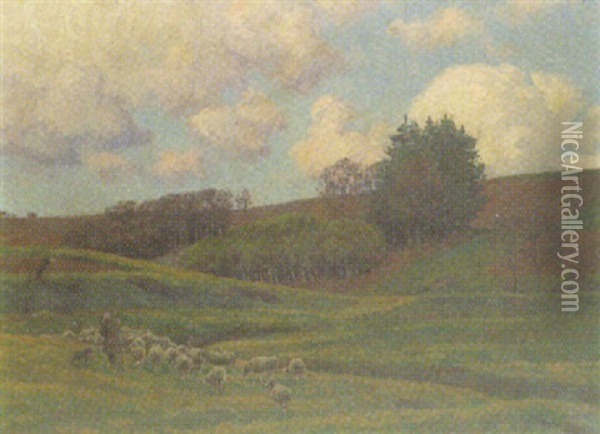 Hirte Mit Schafherde In Hugeliger Landschaft Oil Painting - Wilhelm Fritzel