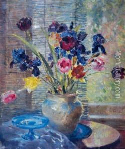 Still Life Of Tulips And Irises In A Vase Oil Painting - Arthur William Woelfle