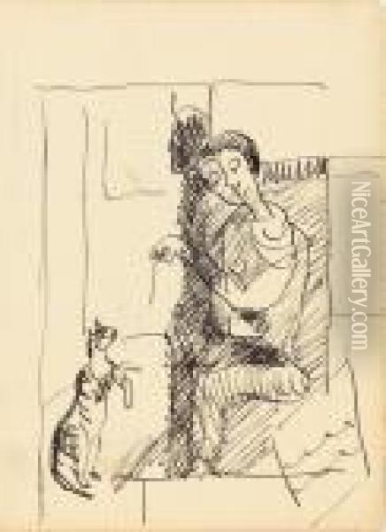 Erna Kirchner Mit Der Katze Schacky Oil Painting - Ernst Ludwig Kirchner