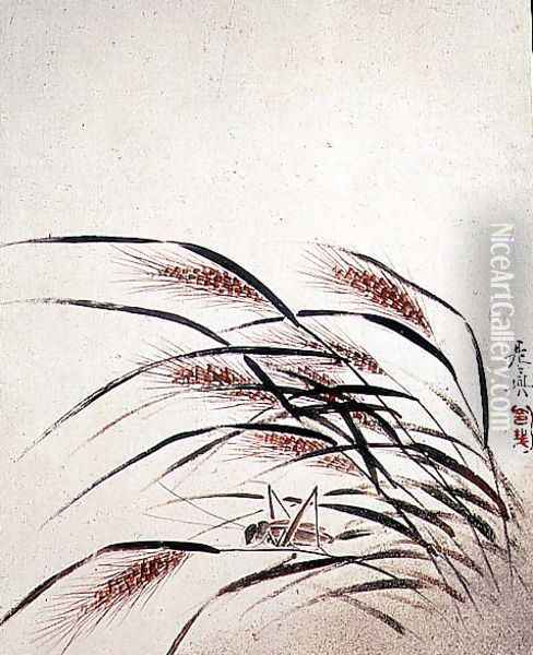Grasshopper and wheat Oil Painting - Shibata Zeshin