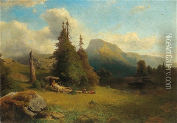 Gebirgslandschaft Mit Rastenden Wanderern Oil Painting - Eduard Peithner Ritter von Lichtenfels