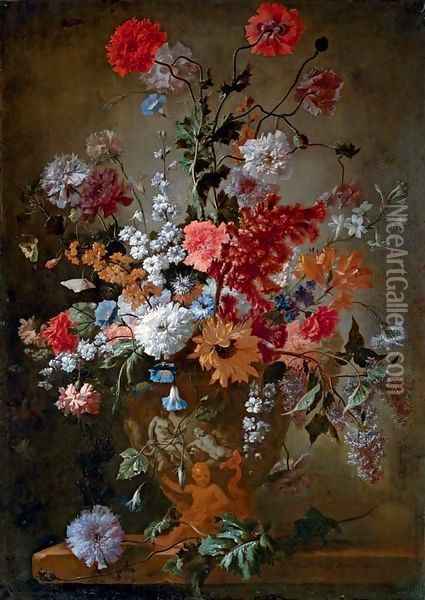 Roses, carnations, a sunflower and other flowers in a classical urn, on stone ledge Oil Painting - Franz Werner von Tamm