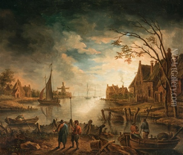 River At Nightfall Oil Painting - Aert van der Neer