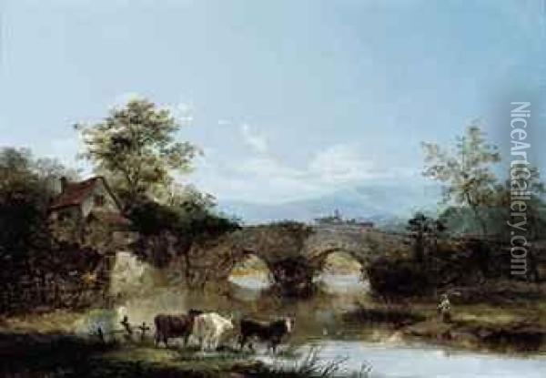 Cattle Watering At A River, A Cottage And A Bridge Beyond Oil Painting - Julius Caesar Ibbetson