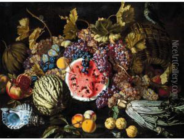 A Still Life Of Grapes, Plums, 
Watermelons, Peaches, Lemons, A Cardoon, An Open Pomegranate, Together 
With A Shell, A Snail And Other Objects Oil Painting - Giovanni Battista Ruoppolo