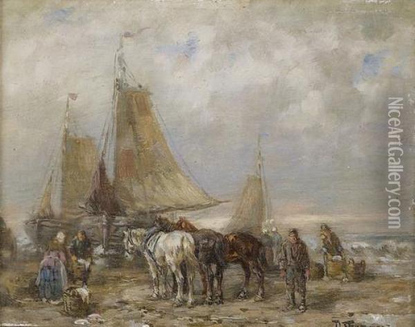 Kustenpartie Mit Pferden, Booten Und Fischern Oil Painting - Desire Tomassin