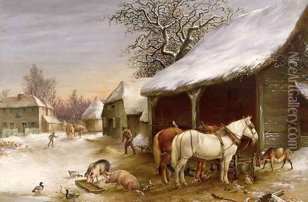 Farmyard in Winter Oil Painting - Henry Woollett