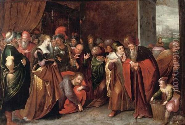 Christ And The Woman Taken In Adultery Oil Painting - Frans II Francken
