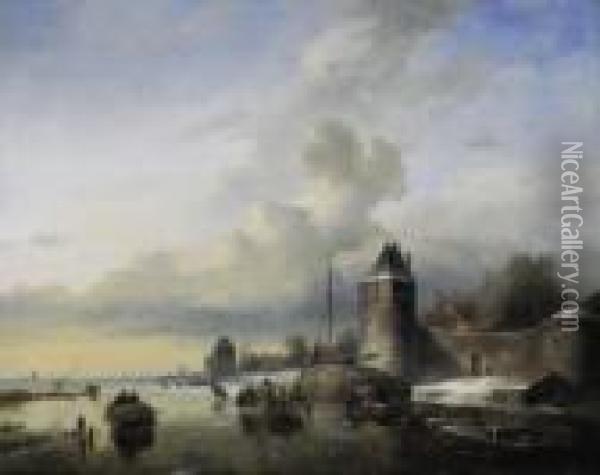 Winterly Frozen Riverlandscape At The Entrance Of A City. Oil Painting - Andreas Schelfhout