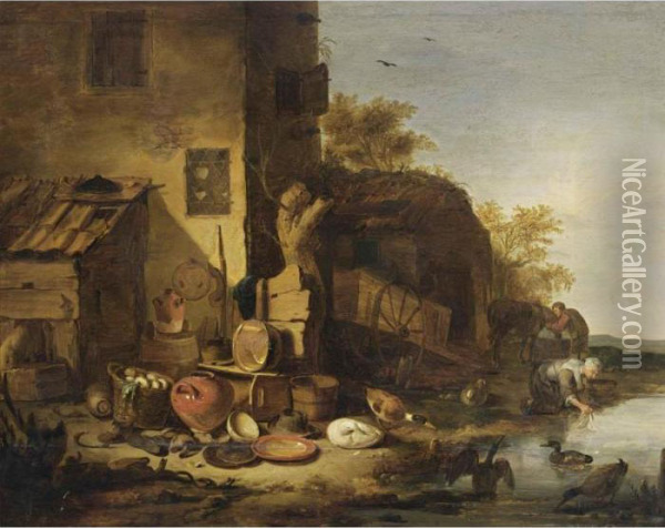 A Cottage With A Still Life Of 
Kitchen Utensils In The Foreground Together With Ducks, A Woman Washing 
Her Laundry In A Stream And A Man With A Horse In The Near Background Oil Painting - Egbert van der Poel