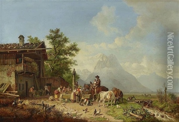 Bauernhof Mit Brunnen Oil Painting - Heinrich Buerkel