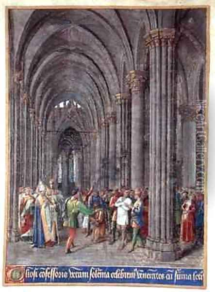 St Veran exorcising the possessed in the north aisle of the Cathedral of Notre Dame de Paris Oil Painting - Jean Fouquet