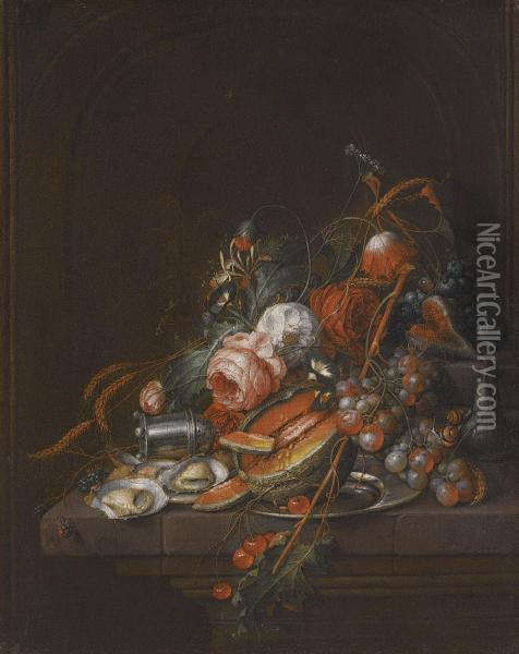 A Still Life Of Oysters, Grapes, Cherries, Roses, Corn, Snails, A Melon And A Silver Sugar Shaker On A Stone Plinth Oil Painting - David Cornelisz. de Heem