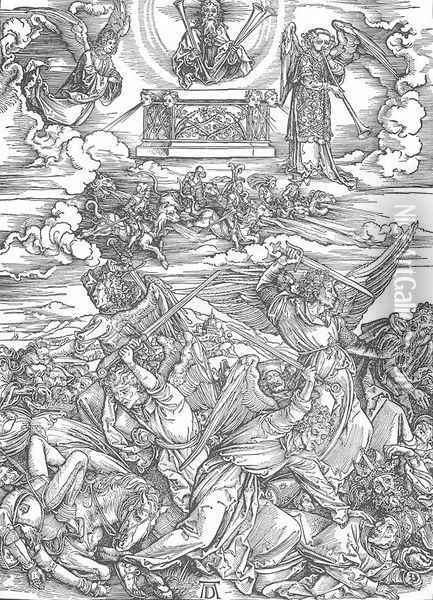 The Revelation of St John 8. The Battle of the Angels Oil Painting - Albrecht Durer