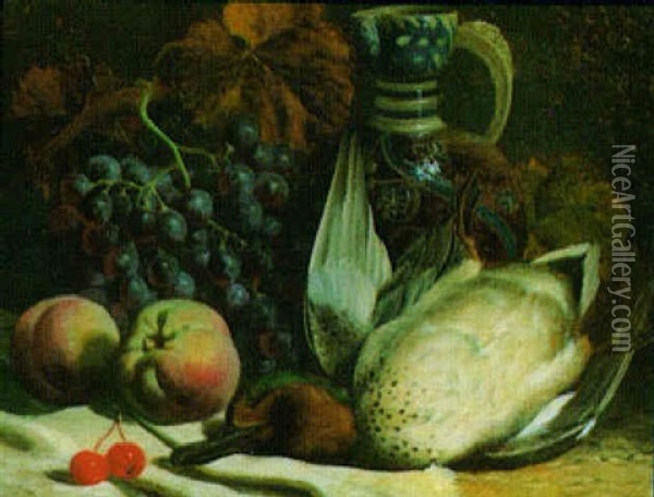 Still Life Of An Ewer, Grapes, Peaches, Cherries And Dead Game Oil Painting - William Hughes