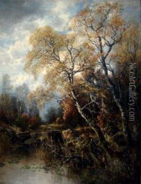 Herbstliches Seeufer, Im Hintergrund Reisigsammlerin Oil Painting - Eduard Josef Muller