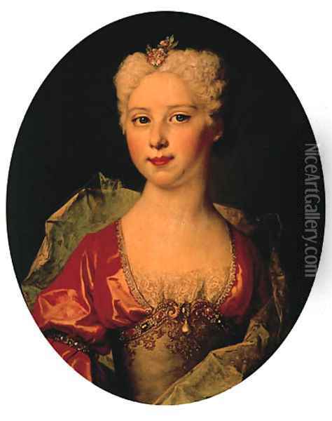 Portrait of Marie-Elisabeth Pommyer (born c.1712), half-length, in a red and grey dress and wrap Oil Painting - Nicolas de Largilliere