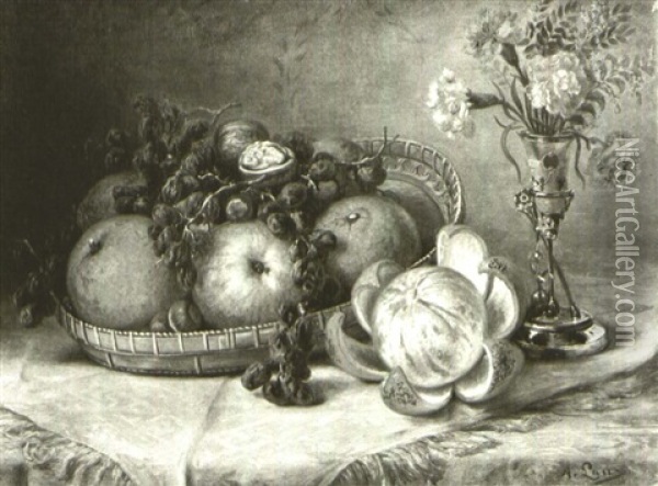 Still Life With Basket Of Fruit And Vase Of Carnations Oil Painting - August Laux