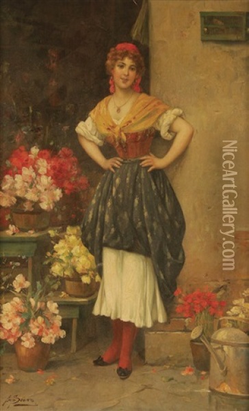 The Flower Seller Oil Painting - Josef Johann Suess