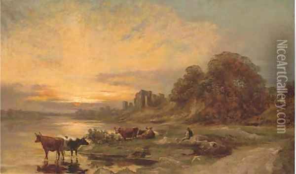 Cattle and a herder by a river, with ruins beyond Oil Painting - Francis Danby