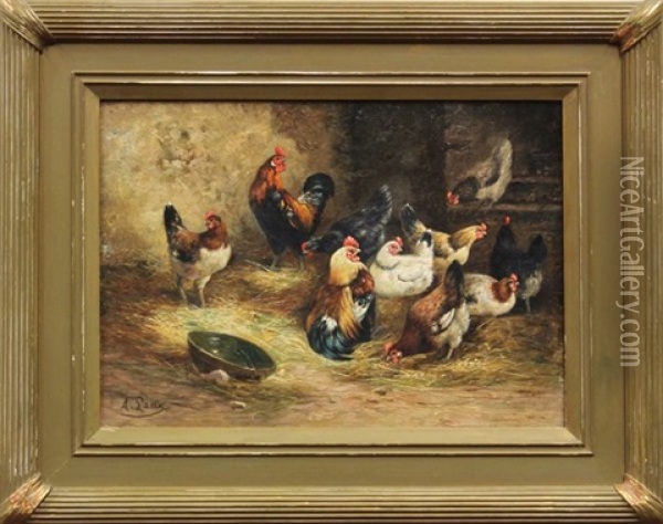 Chickens In A Barnyard Oil Painting - August Laux