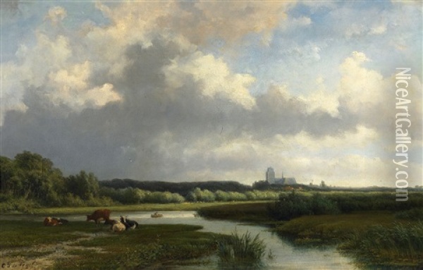 Flusslandschaft Mit Vieh, Im Hintergrund Die Groote Kerk In Dordrecht Oil Painting - Cornelis Jan de Vogel