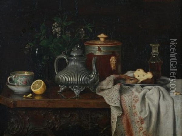 Tabletop Still Life With Peeled Lemon And Teapot Oil Painting - Camilla Edle von Malheim Friedlaender