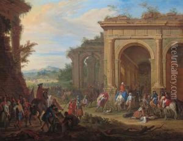 Soldiers Dividing The Spoils Of War By Classical Ruins Oil Painting - Jean-Baptiste Martin Des Batailles