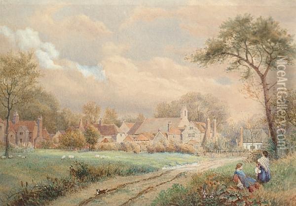 Figures Resting By A Country Lane With Cottages In The Distance Oil Painting - Stephen J. Bowers