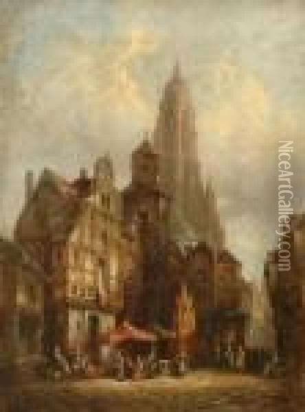 Frankfurt Cathedral And Market Square Oil Painting - Henry Thomas Schafer