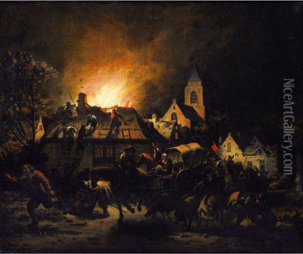 Incendie De Village Oil Painting - Egbert van der Poel