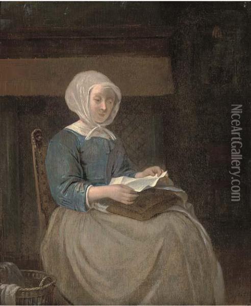 A Lady Seated In An Interior Reading A Letter Oil Painting - Gabriel Metsu