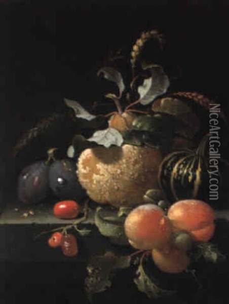 Fruchtestilleben Mit Pflaumen, Quitte, Aprikosen, Hartriegeln Und Kurbis Oil Painting - Abraham Mignon