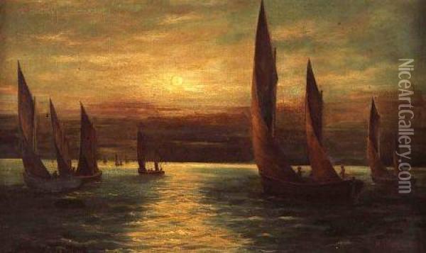 Shipping In Moonlight Probably Off The Norfolk Coast Oil Painting - Percy Lionel