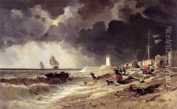 Coup De Vent Sur La Plage Du Treport Oil Painting - Louis-Gabriel-Eugene Isabey