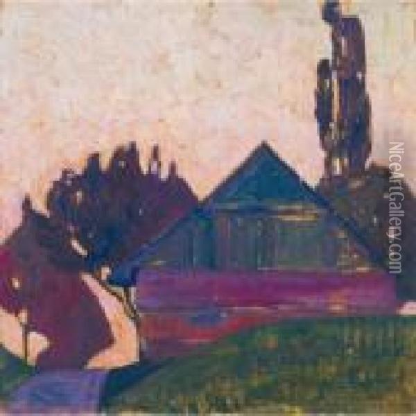 Haus Zwischen Baumen I (house Between Trees I) Oil Painting - Egon Schiele