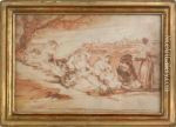Figures Overlooking A Cityscape Oil Painting - Francisco De Goya y Lucientes