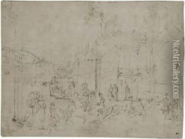 Stage Design With Figures In A Town Square Oil Painting - Johann Wilhelm Baur