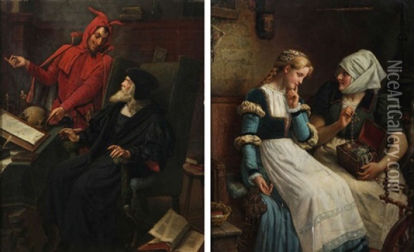 Le Pacte De Faust Et Mephisto, Marthe Et Marguerite Avec Le Coffret De Bijoux (pair) Oil Painting - Eugene Siberdt