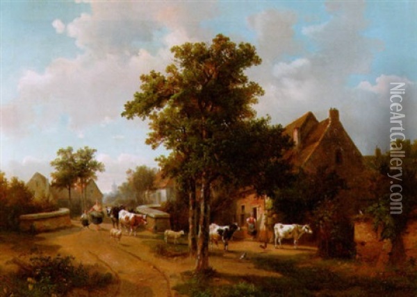 Viehtrieb In Einem Dorf In Geldern Oil Painting - Hendrik Frederik Verheggen