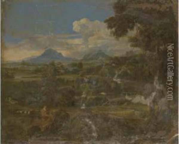A Classical Landscape With A Figure By A Rock Oil Painting - Johannes (Polidoro) Glauber