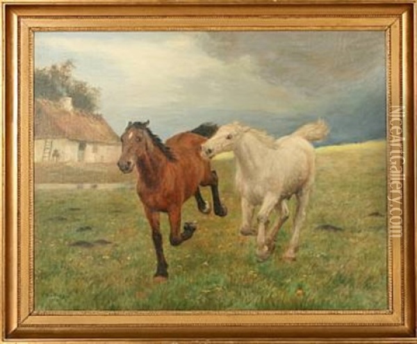Two Horses In Gallop In Fredensborg, Denmark Oil Painting - Otto Bache