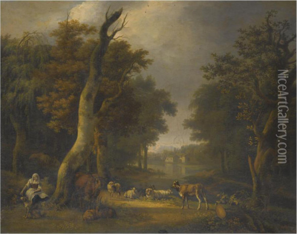 A Pastoral Landscape With A Peasant And Her Animals Oil Painting - Jean-Francois Hue