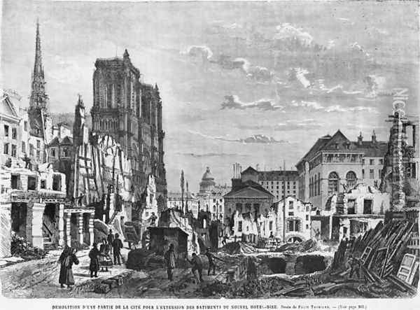 Paris, demolition of a part of the Cite to extend the buildings of the new Hotel-Dieu, engraved by Charles Barbant d.1922 Oil Painting - Felix Thorigny